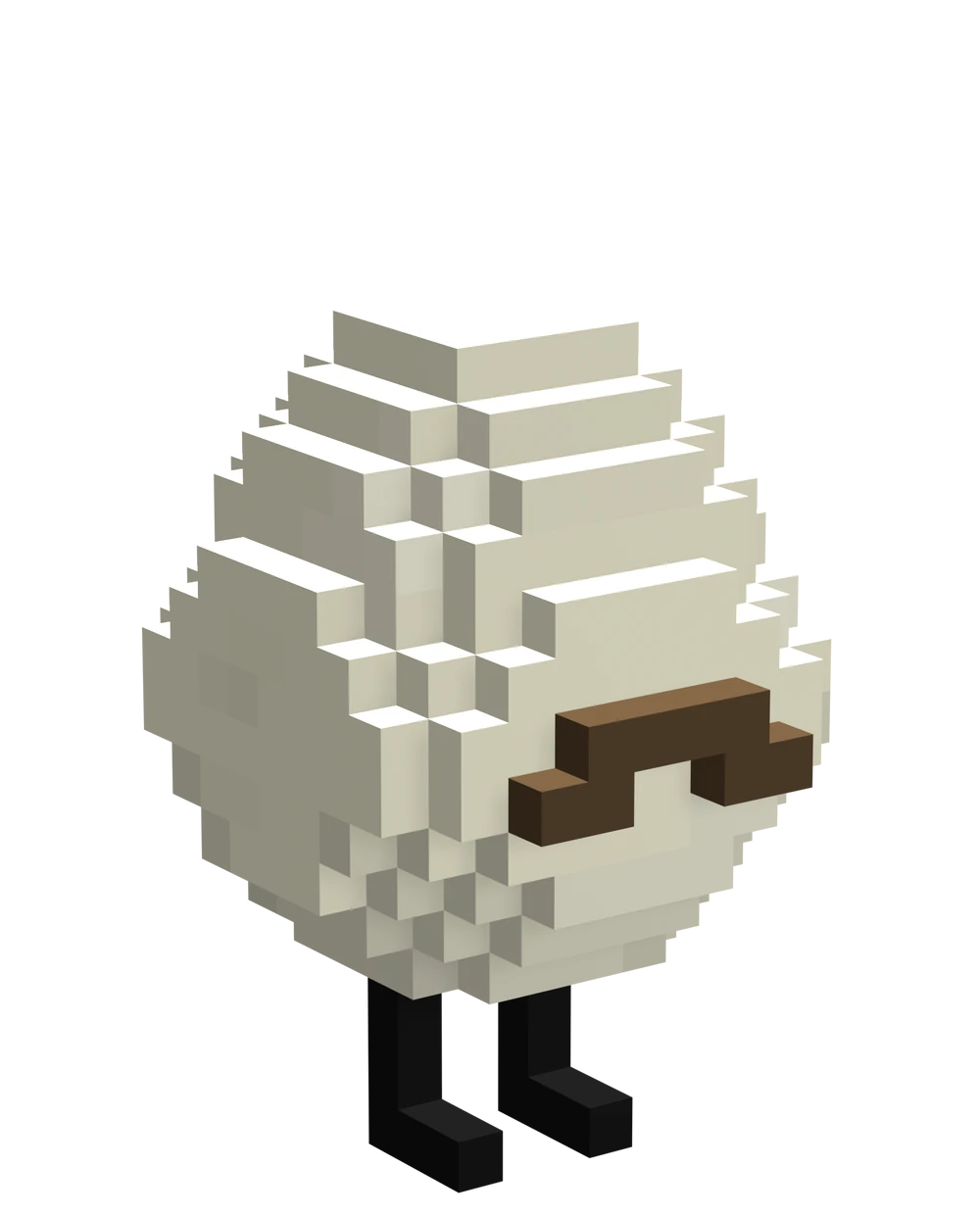 Ramon's original look. This is a custom Minecraft model of the plain white circular egg, but the only thing Ramon has to set him apart is a light-brown mustache (that kind of looks like Mumbo's from Hermitcraft) placed on the egg's midsection. Two thin black legs stand under the egg.